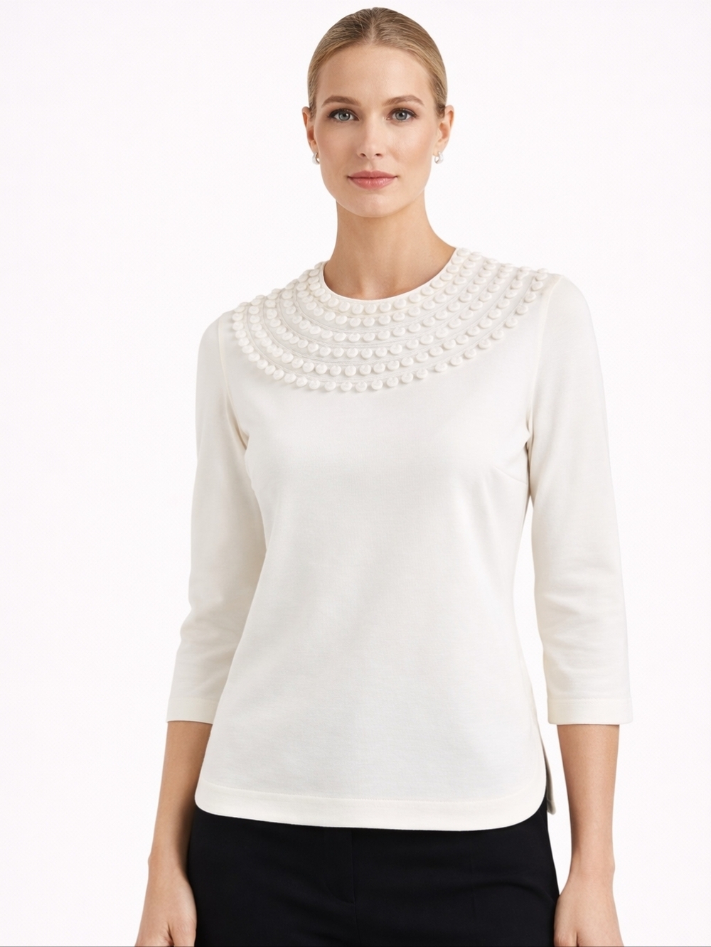 AKRIS Punto Ivory Textured Appliqué Neckline Knit Top 3/4 Sleeve US 6
